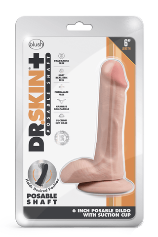 Förpackning av Dr Skin Flexibel 6 Inch Dildo med realistisk design, ställbar sugkopp och produktfunktioner till vänster.