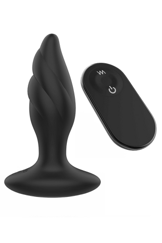 Den svarta, spiralformade Dark Desires Angelina Plug paras elegant med den eleganta fjärrkontrollen.