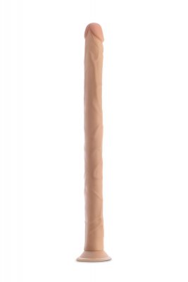 Ett högt, texturerat, ljust cylindriskt föremål med en rundad spets och platt bas är tillverkad av säkra material för handsfree-njutning när du står upprätt. Det är Dr.Skin 48cm Dildo.