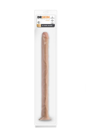 Dr.Skin 48 cm höga beige dildon kommer i en klar förpackning med Dr. Skin-etiketten på toppen och har en sugkopp för handsfree-njutning.