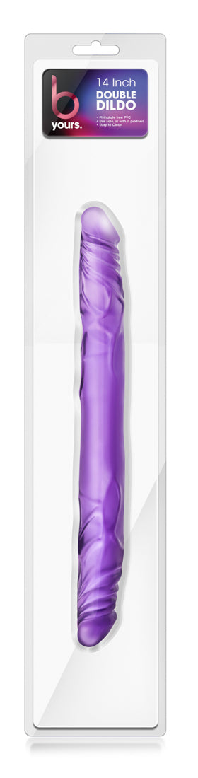 14-tums Lila dubbeldong är elegant uppvisad i klar plastförpackning, vilket framhäver dess eleganta design. Perfekt för dig som söker en mångsidig sexleksak, den passar bra med vattenbaserat glidmedel för en förbättrad upplevelse.