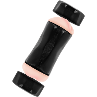 En elegant, abstrakt svart och rosa cylindrisk Jamyjob Dubbel Masturbator med rundade ändar och en texturerad insats, mot en orörd vit bakgrund.