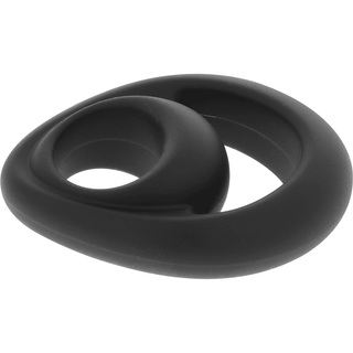 Power Ring Double Penisring har svarta, abstrakta sammanflätade öglor gjorda av kroppssäkert silikon, med en mjuk struktur som liknar modern konst.