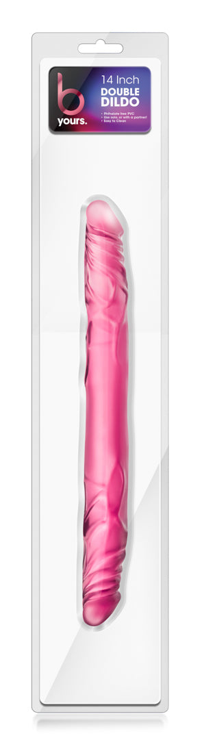 B-Yous 14-tums Doubledildo kommer i en genomskinlig låda, med en rosa färg och strukturerad yta. Denna lockande sexleksak erbjuder oändliga utforskningsmöjligheter för din samling.