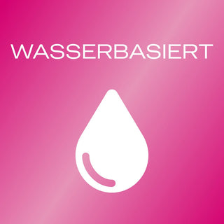 En vit droppikon på en rosa gradientbakgrund med "WASSERBASIERT" ovan antyder det silkeslena glidet av Durex Guarana 2 i 1 - Glidmedel & Massage 200 ml för en lugnande massage.