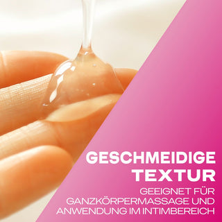 En gel hälls på ett finger mot en rosa gradientbakgrund med tysk text om texturen och användningen av Durex Guarana 2 in 1 - Glidmedel & Massage 200 ml, idealisk för att förstärka massage med sina mjuka egenskaper.