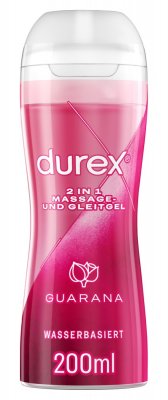 Upptäck Durex Guarana 2 i 1 Glidmedel & Massage, 200 ml. Denna röda flaska har en vattenbaserad formula designad för att förstärka intima stunder med uppiggande guaranaessens, som erbjuder mångsidig njutning och komfort.