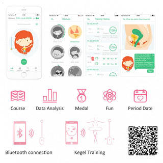 Appen Magic Motion Kegeltränare Rosa visar mobilskärmar med detaljerade bäckenbottenövningar, historik, Bluetooth-anslutning, dataanalys och engagerande kursalternativ för effektiva kegelövningar.