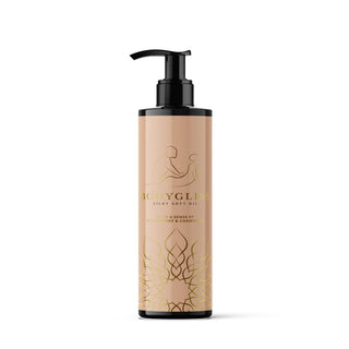 En hög flaska med en svart pump märkt "BodyGliss Jordgubb & Champagne 150 ml" har abstrakt linjekonst av ett par och dekorativa guldmönster, idealiska för användning som silikonbaserat glidmedel eller lugnande massageolja.
