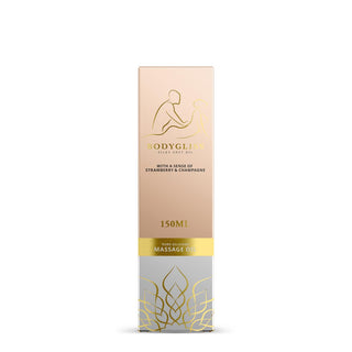 Den eleganta "BodyGliss Jordgubb & Champagne 150 ml" har en elegant ask med guldaccenter, illustrationer av två figurer och en övervägande vit modern design som kompletterar dess lyxiga doft.