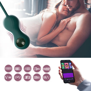 Ett par gosar på en säng under en svävande sensorenhet med vågformsikoner. En hand håller en smartphone som visar en interaktiv app, vilket tyder på anslutning till Magic Motion Duo Kegeltränare Grön för att förbättra intimiteten.