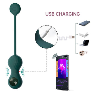 Den gröna droppformade "USB Charging"-enheten ansluts via pilar till en powerbank, väggadapter, laptop och billaddare, medan en smartphone visar den interaktiva appen med färgglad grafik för Magic Motion Duo Kegeltränare Grön.