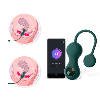 Illustrationen föreställer Magic Motion Duo Kegeltränare Grön, designad för internt bruk. Diagram visar muskelsammandragningar med pilar, medan en smartphone-skärm visar upp en interaktiv appkontroll.