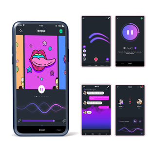 Gränssnittet för mobilappen Magic Motion Duo Kegeltränare Grön har en levande, interaktiv kontroll med djärv grafik av läppar och stjärnor över tre skärmar. Ytterligare skärmar framhäver chattfunktioner, ljudvågsdesign och en volymkontroll i livfulla rosa, lila och svarta element.