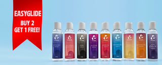 Easyglide silikonbaserat glidmedel 150 ml med kampanjtext Buy 2 Get 1 Free mot blå bakgrund