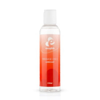 En röd och genomskinlig flaska Easyglide 2 i 1 - Massage & Glidmedel, 150ml, med vitt lock, perfekt som silikonsmörjmedel och massageolja för mångsidig användning.