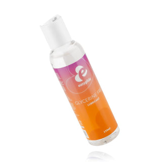 Easyglide Glycerinfri - 150 ml, genomskinlig flaska med lila och orange etikett, erbjuder glycerinfritt och långvarig glidförmåga, uppsatt på vit bakgrund.