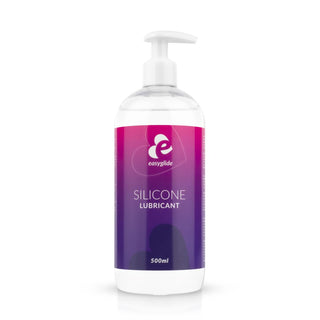 Easyglide Silikonsmörjmedel, 500ml med lila och rosa etikett med vit logotyp och text, är CE-märkt och silikonbaserat. Den innehåller en pumpdispenser för bekvämlighet och ger långvarig effekt.