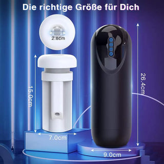 Svart och vit automatisk masturbator med sug- och vibrationsfunktion, slät design, placerad mot blå bakgrund.