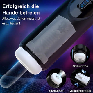 Svartvit automatisk masturbator med sug- och vibrationsfunktioner, plastmaterial, minimalistisk design.