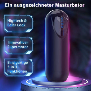 En svart automatisk masturbator med blå knappar, tysk text och en plastdesign med sug- och vibrationsfunktioner.