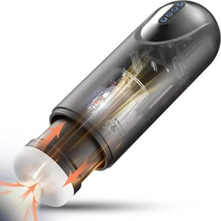 En svart cylindrisk automatisk masturbator med sugfunktion, med synliga knappar och ljusaccenter på en slät plastkropp.