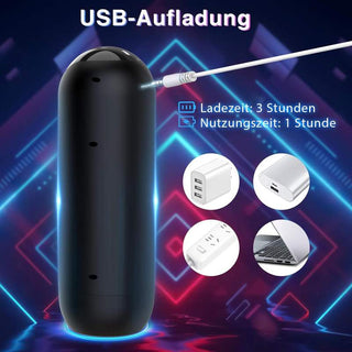 Svart automatisk masturbator med sugfunktion, slät yta, USB-laddningsport och enkel knappdesign.