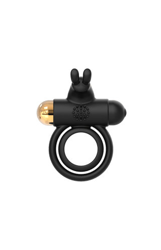 Elite Joel Penisring är en svart vibrerande ring med dubbla öglor och en liten guldkomponent, designad för intim användning.