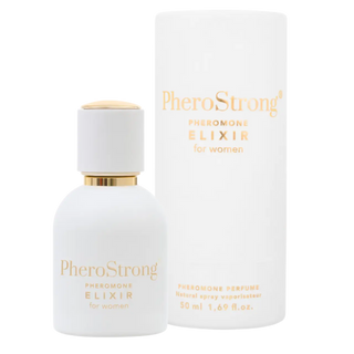 Parfymflaska i vitt glas med matchande ask märkt Feromonparfym Elixir Women 50ml, båda med minimalistisk design.