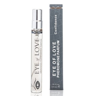 En klar glasflaska märkt EOL Pheromone Parfum Herr 10ml står bredvid en låda märkt Confidence, och fångar essensen av mäns parfym som syftar till att öka attraktionen.
