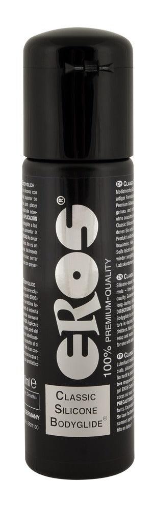 Eros Classic Silicone Bodyglide glidmedel kommer i en blank svart flaska med vit text, vilket ger en sömlös njutning med sin kondomkompatibla silikonbaserat glidmedel-formel.