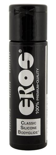 Eros Classic Silicone Bodyglide är en svart flaska med högkvalitativt silikonbaserat glidmedel, märkt 100% Premium-Quality och kompatibel med kondomer.