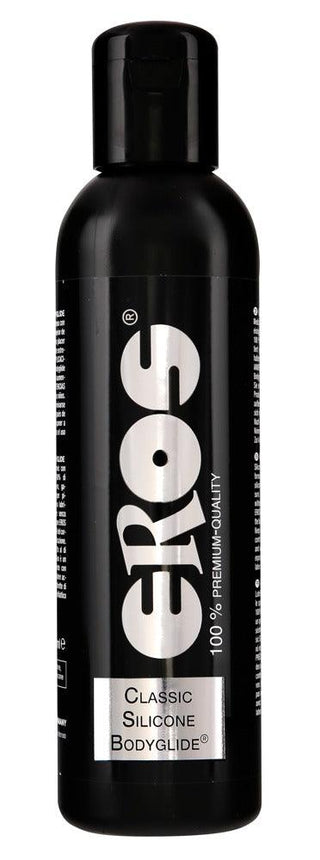 Eros Classic Silicone Bodyglide är ett premium silikonsmörjmedel i en svart flaska med djärv vit märkning, kompatibel med kondomer för安心的樂趣.