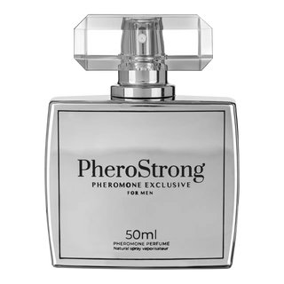 Klarglasflaska med PheroStrong Exclusive för Män 50ml med rektangulärt silverlock och minimalistisk design.