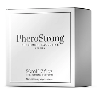 Vit rektangulär låda med PheroStrong Exclusive för Män 50ml, natural spray vaporisateur tryckt på framsidan.