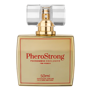 Guldfärgad 50ml PheroStrong Exclusive Women parfymflaska med genomskinligt rektangulärt lock.