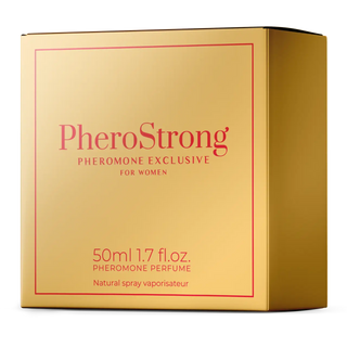 Rektangulär guldask märkt PheroStrong Exclusive Women 50 ml, Natural Spray Vaporisateur.