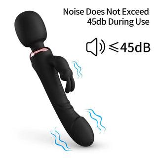 Svart silikon rabbit wand vibrator med dubbla stimulerande huvuden och en inbyggd kontrollknapp på handtaget.