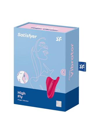 Den blå och rosa förpackningen till Satisfyer High Fly-vibratorn visar en kontur av en kvinna bredvid produktbilden. Denna vattentät sexleksak är designad för ultimat tillfredsställelse.