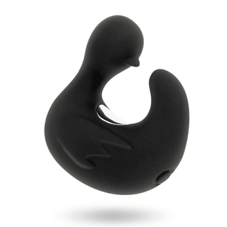 Ducky Fingervibrator är ett elegant, svart, abstrakt föremål som liknar en stiliserad fågel, tillverkad av kroppssäkert silikon. Den har mjuka kurvor, en liten öppning nära botten och har en minimalistisk design med en glansig finish.
