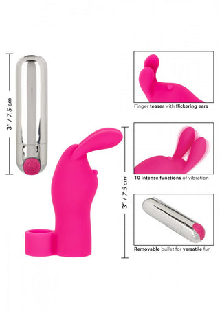 Upplev ultimat njutning med Fingervibrator Med Öron - Rabbit. Denna rosa kaninformade vibrator har en avtagbar silverkula och flimrande öron, som fungerar som en fingertoppsglädje och en klitorisstimulator för intensiv tillfredsställelse.