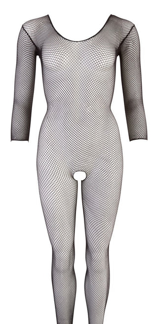 Fishnet Catsuit Svart har långa ärmar, en bred halsringning och fullängda ben på en vit bakgrund, vilket skapar en smickrande siluett för ett djärvt uttalande.