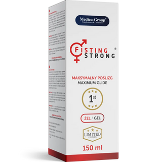 Vit rektangulär låda märkt Fisting Strong Gel 150 ml med röd och guldfärgad text på förpackningen.
