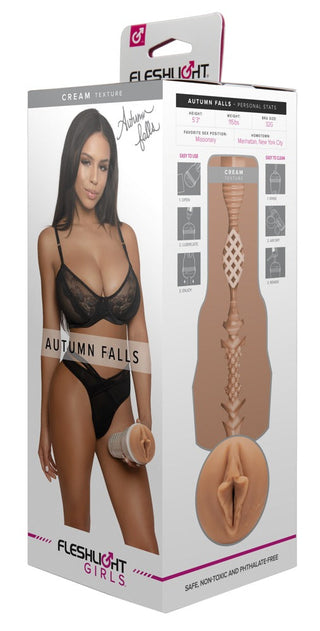 Förpackning av Fleshlight - Autumn Falls Cream visar upp modellen Autumn Falls i underkläder, med en design med detaljerad information. Tillverkad av SuperSkin-material för en oöverträffad upplevelse.