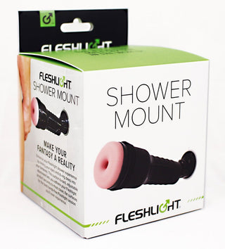 Box av Fleshlight Shower Mount - Duschfäste, med produktbild och logotyp för en förbättrad handsfree-upplevelse. Med en säker sugkopp säkerställer den stabilitet och bekvämlighet för din duschanvändning.