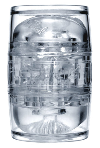 Fleshlight Quickshot - Riley Reid är en transparent, cylindrisk behållare med invändiga åsar, som erbjuder en diskret och spännande upplevelse; avbildad på vit bakgrund.