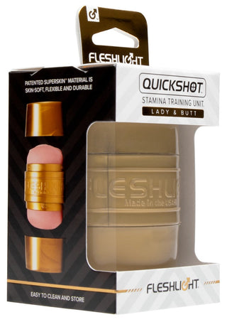 Fleshlight Quickshot - Anal & Vagina är en elegant sexleksak med Lady and Butt-modellen i en klar och gulddesign.