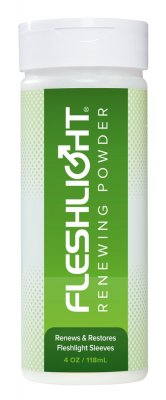 En grön och vit behållare märkt "Fleshlight - Förnyelse Puder," 4 oz, innehåller instruktioner för att återställa och underhålla dina sexleksaker.