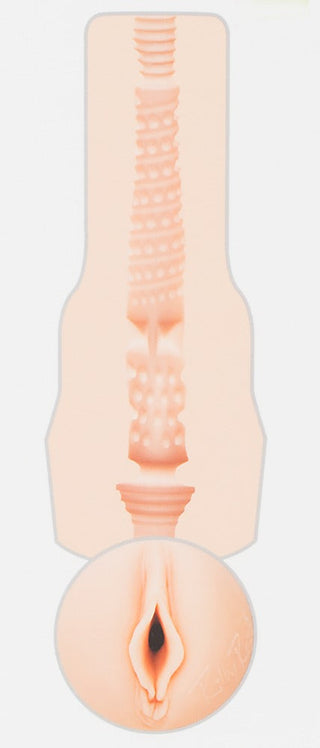 Tvärsnittsdiagram av Fleshlight - Riley Reid Vagina, ett texturerat cylindriskt föremål med en rund öppning i botten, designad för en realistisk känsla.