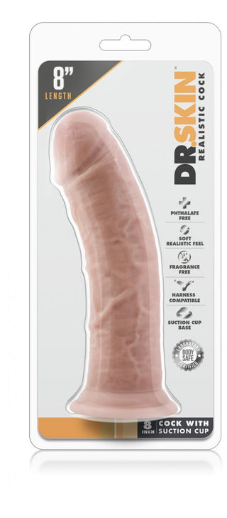 Förpackningen till Dr Skin Realistisk Dildo 20 cm framhäver dess naturtrogna egenskaper och kroppssäkra PVC-material. Den är strap-on-kompatibel, garanterar mångsidig användning och maximalt nöje.
